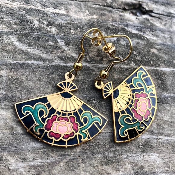 Vintage Jewelry - Vintage Cloisonne Fan Earrings